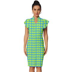 Blue Lime Leaf Pattern Vintage Frill Sleeve V-neck Bodycon Dress by GardenOfOphir