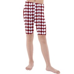 Red And White Leaf Pattern Kids  Mid Length Swim Shorts by GardenOfOphir