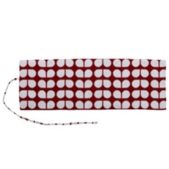 Red And White Leaf Pattern Roll Up Canvas Pencil Holder (m) by GardenOfOphir