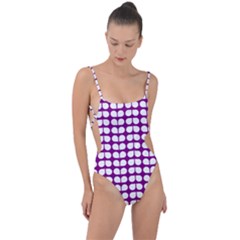 Purple And White Leaf Pattern Tie Strap One Piece Swimsuit by GardenOfOphir