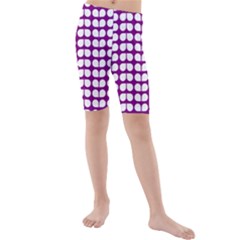 Purple And White Leaf Pattern Kids  Mid Length Swim Shorts