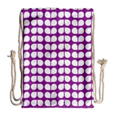 Purple And White Leaf Pattern Drawstring Bag (large) by GardenOfOphir