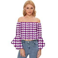 Purple And White Leaf Pattern Off Shoulder Flutter Bell Sleeve Top by GardenOfOphir