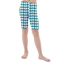 Teal And White Leaf Pattern Kids  Mid Length Swim Shorts