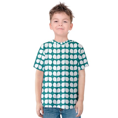 Teal And White Leaf Pattern Kids  Cotton Tee by GardenOfOphir