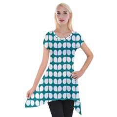 Teal And White Leaf Pattern Short Sleeve Side Drop Tunic by GardenOfOphir