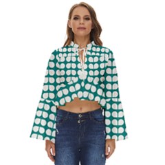 Teal And White Leaf Pattern Boho Long Bell Sleeve Top