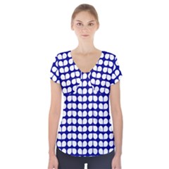 Blue And White Leaf Pattern Short Sleeve Front Detail Top by GardenOfOphir