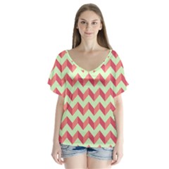 Modern Retro Chevron Patchwork Pattern V-neck Flutter Sleeve Top by GardenOfOphir