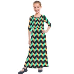 Modern Retro Chevron Patchwork Pattern Kids  Quarter Sleeve Maxi Dress by GardenOfOphir