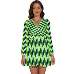 Modern Retro Chevron Patchwork Pattern Long Sleeve V-neck Chiffon Dress 