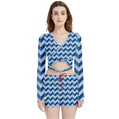 Modern Retro Chevron Patchwork Pattern Velvet Wrap Crop Top and Shorts Set