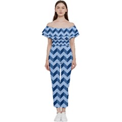 Modern Retro Chevron Patchwork Pattern Off Shoulder Ruffle Top Jumpsuit