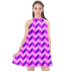 Modern Retro Chevron Patchwork Pattern Halter Neckline Chiffon Dress 