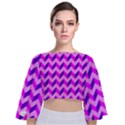 Modern Retro Chevron Patchwork Pattern Tie Back Butterfly Sleeve Chiffon Top View1