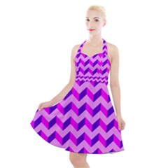 Modern Retro Chevron Patchwork Pattern Halter Party Swing Dress 