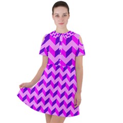 Modern Retro Chevron Patchwork Pattern Short Sleeve Shoulder Cut Out Dress 