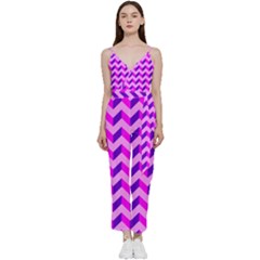 Modern Retro Chevron Patchwork Pattern V-Neck Spaghetti Strap Tie Front Jumpsuit