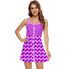 Modern Retro Chevron Patchwork Pattern Ruffle Edge Bra Cup Chiffon Mini Dress