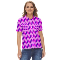 Modern Retro Chevron Patchwork Pattern Women s Short Sleeve Double Pocket Shirt