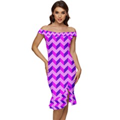 Modern Retro Chevron Patchwork Pattern Off Shoulder Ruffle Split Hem Bodycon Dress