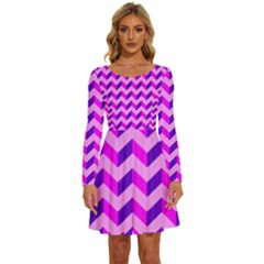 Modern Retro Chevron Patchwork Pattern Long Sleeve Wide Neck Velvet Dress