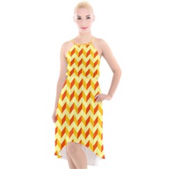 Modern Retro Chevron Patchwork Pattern High-Low Halter Chiffon Dress 