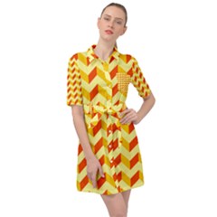 Modern Retro Chevron Patchwork Pattern Belted Shirt Dress