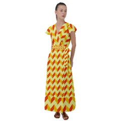 Modern Retro Chevron Patchwork Pattern Flutter Sleeve Maxi Dress