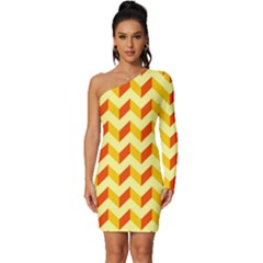 Modern Retro Chevron Patchwork Pattern Long Sleeve One Shoulder Mini Dress