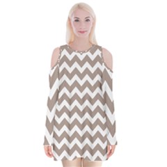 Beige Chevron Pattern Gifts Velvet Long Sleeve Shoulder Cutout Dress by GardenOfOphir