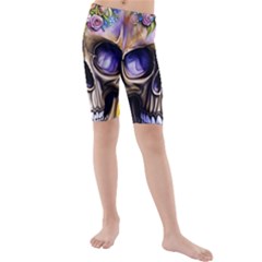 Skull With Flowers - Day Of The Dead Kids  Mid Length Swim Shorts