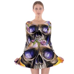 Skull With Flowers - Day Of The Dead Long Sleeve Skater Dress by GardenOfOphir