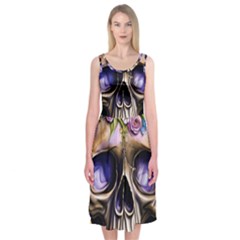 Skull With Flowers - Day Of The Dead Midi Sleeveless Dress by GardenOfOphir