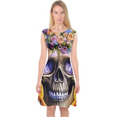 Skull With Flowers - Day Of The Dead Capsleeve Midi Dress by GardenOfOphir