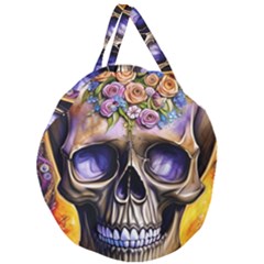 Skull With Flowers - Day Of The Dead Giant Round Zipper Tote by GardenOfOphir