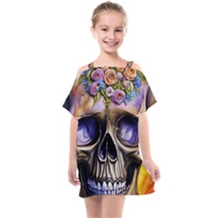 Skull With Flowers - Day Of The Dead Kids  One Piece Chiffon Dress