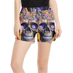 Skull With Flowers - Day Of The Dead Women s Runner Shorts by GardenOfOphir