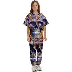 Skull With Flowers - Day Of The Dead Kids  Tee And Pants Sports Set by GardenOfOphir