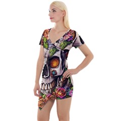 Gothic Skull With Flowers - Cute And Creepy Short Sleeve Asymmetric Mini Dress by GardenOfOphir