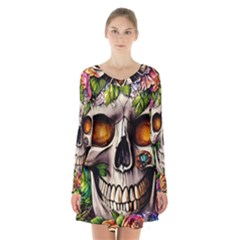 Gothic Skull With Flowers - Cute And Creepy Long Sleeve Velvet V-neck Dress by GardenOfOphir