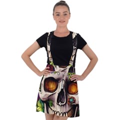 Gothic Skull With Flowers - Cute And Creepy Velvet Suspender Skater Skirt by GardenOfOphir