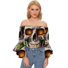 Gothic Skull With Flowers - Cute And Creepy Off Shoulder Flutter Bell Sleeve Top by GardenOfOphir