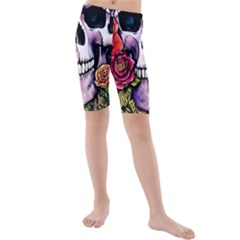 Sugar Skull With Flowers - Day Of The Dead Kids  Mid Length Swim Shorts