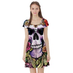 Sugar Skull With Flowers - Day Of The Dead Short Sleeve Skater Dress by GardenOfOphir