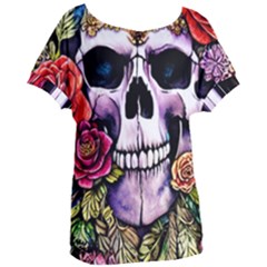 Sugar Skull With Flowers - Day Of The Dead Women s Oversized Tee by GardenOfOphir