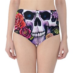 Sugar Skull With Flowers - Day Of The Dead Classic High-waist Bikini Bottoms by GardenOfOphir