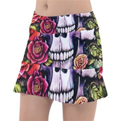 Sugar Skull With Flowers - Day Of The Dead Classic Tennis Skirt by GardenOfOphir