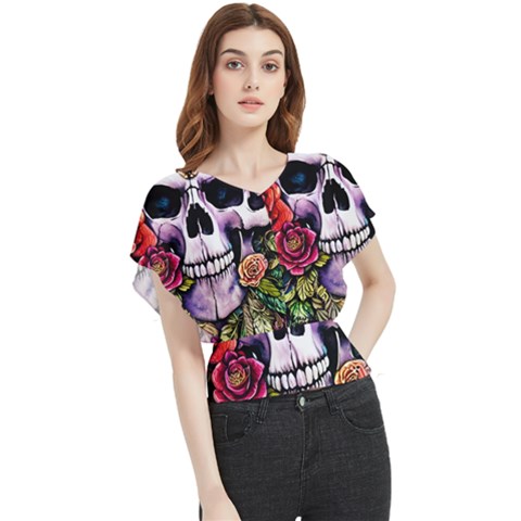 Sugar Skull With Flowers - Day Of The Dead Butterfly Chiffon Blouse by GardenOfOphir