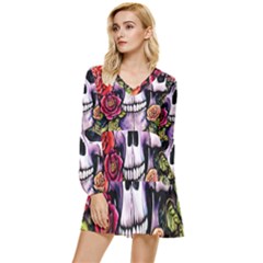 Sugar Skull With Flowers - Day Of The Dead Tiered Long Sleeve Mini Dress by GardenOfOphir